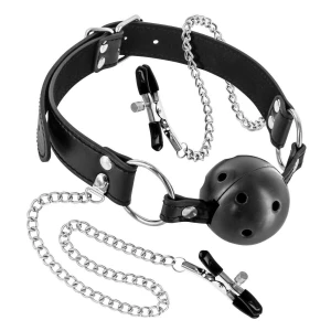 Кляп Fetish Tentation Rigid Gag Ball with Nipple Clamps