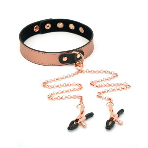 Нашийник із затискачами для сосків Liebe Seele Rose Gold Memory Leather Thin Collar With Nipple Camps